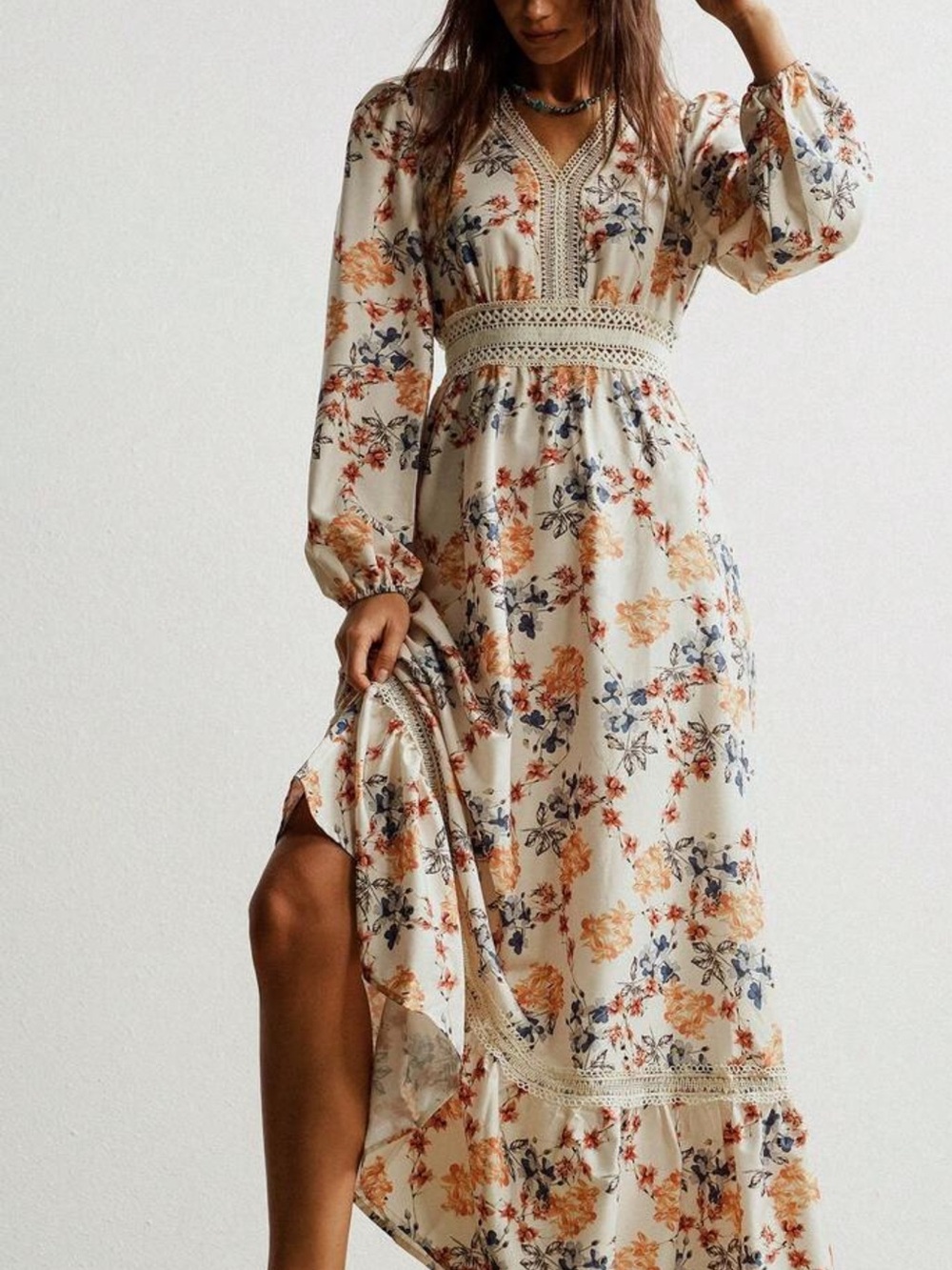 Boho Cream Floral Maxi Dress with Crochet Waist